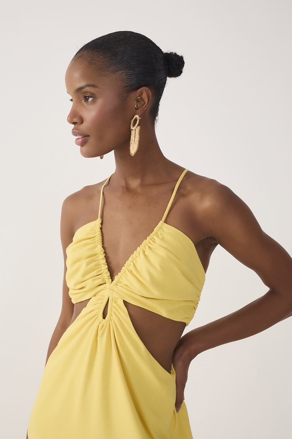 Yellow Frayed Bust V Neck Maxi Dress