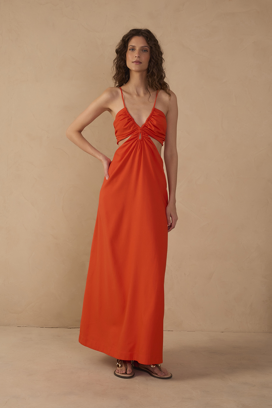 Red Frayed Bust V Neck Maxi Dress