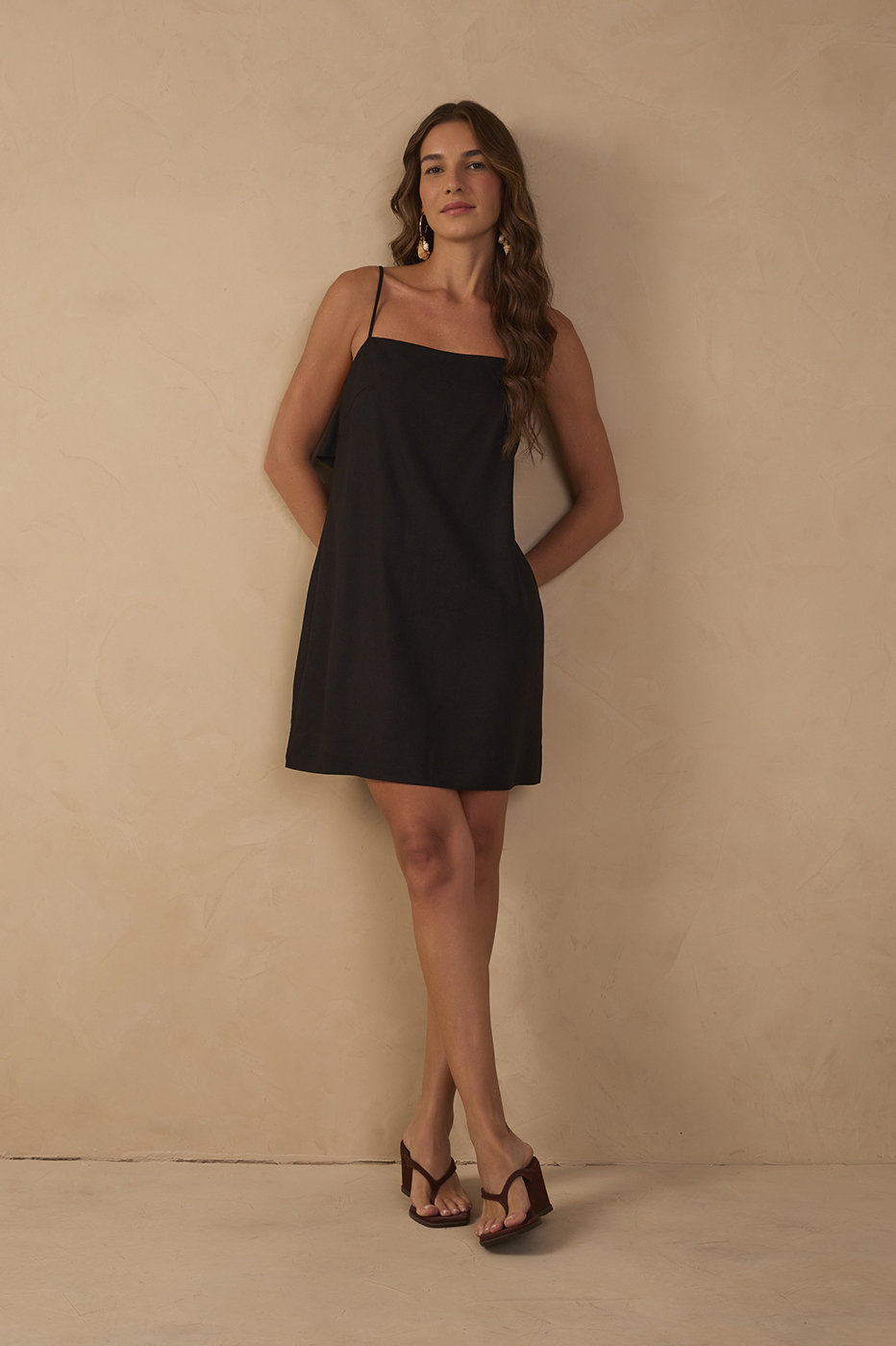 Black Ruffle Back Linen Mini Dress