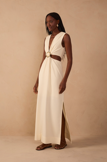 Beige V Neck Beaded Ring Linen Maxi Dress