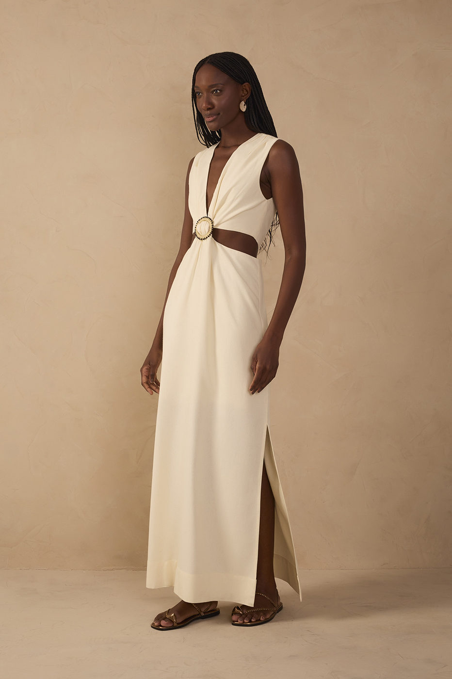 Beige V Neck Beaded Ring Linen Maxi Dress