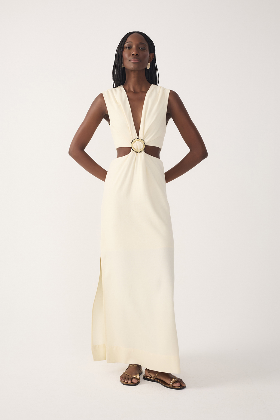 Beige V Neck Beaded Ring Linen Maxi Dress