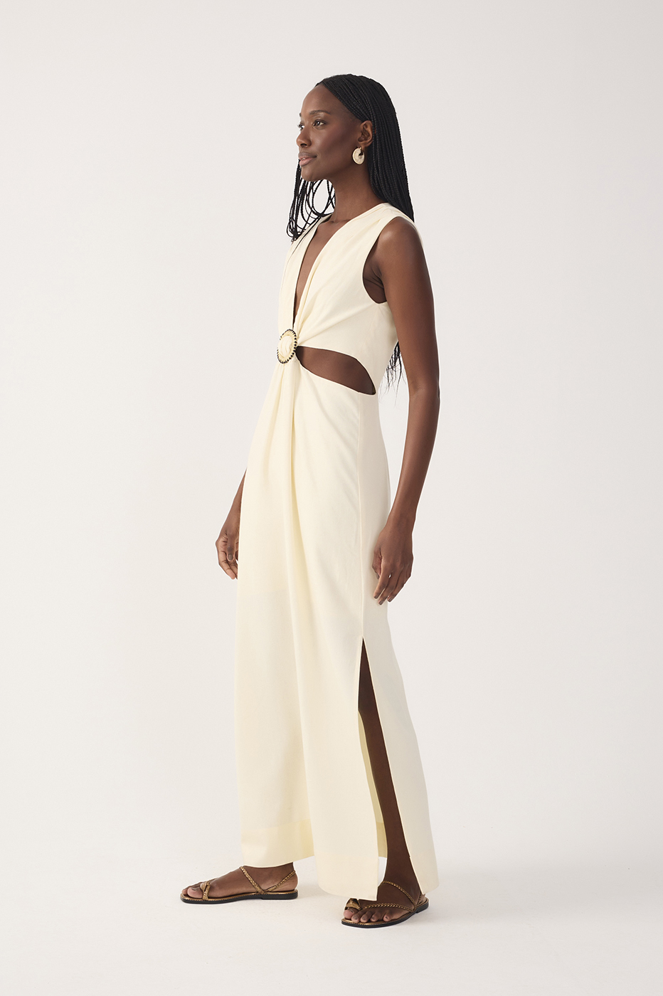 Beige V Neck Beaded Ring Linen Maxi Dress