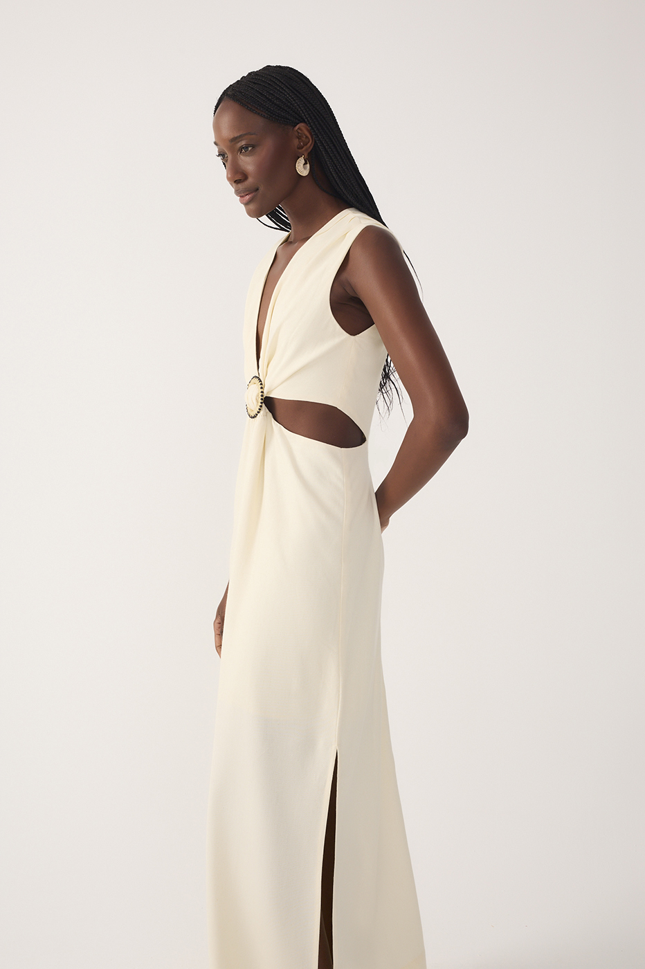 Beige V Neck Beaded Ring Linen Maxi Dress