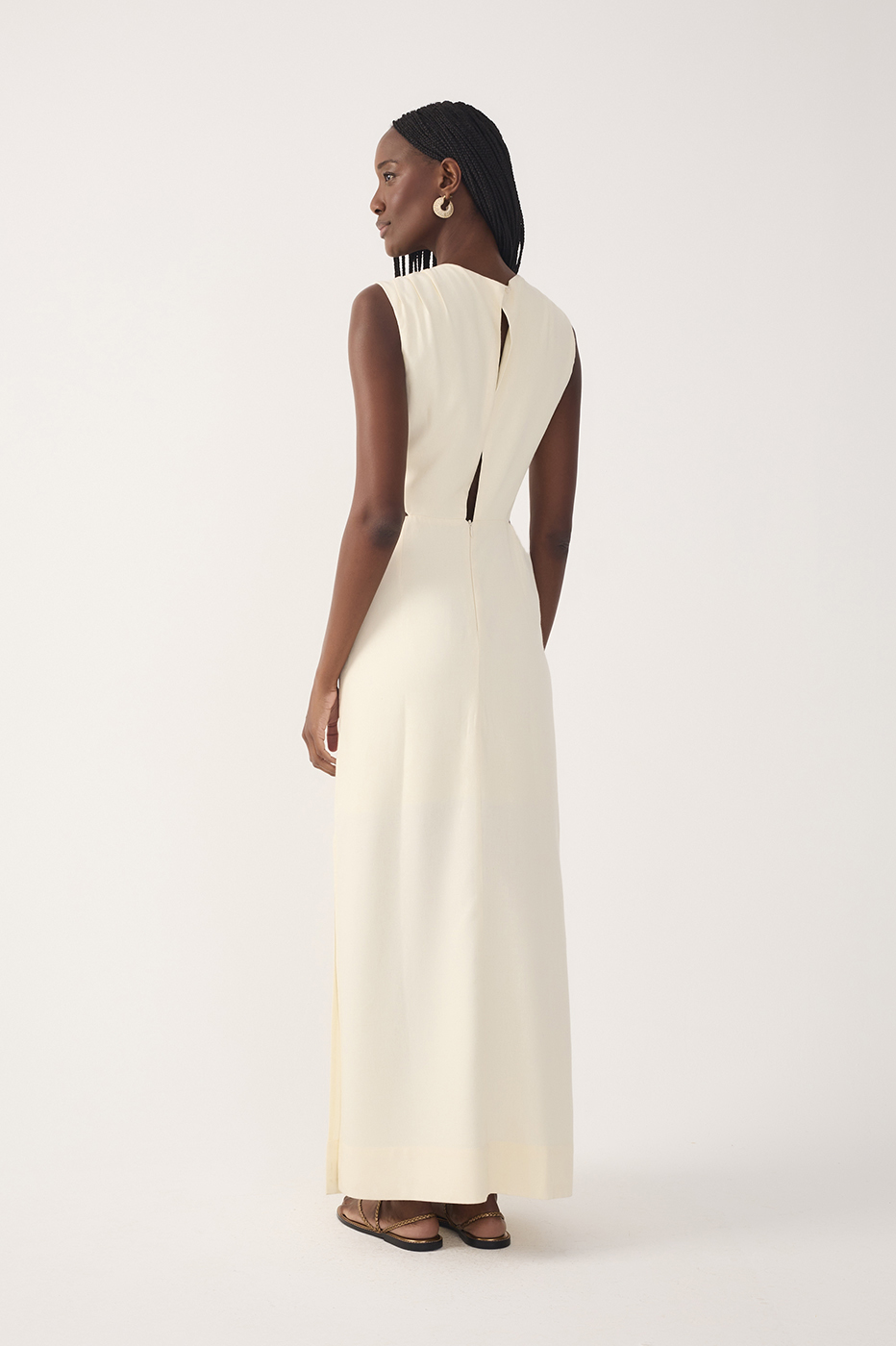 Beige V Neck Beaded Ring Linen Maxi Dress