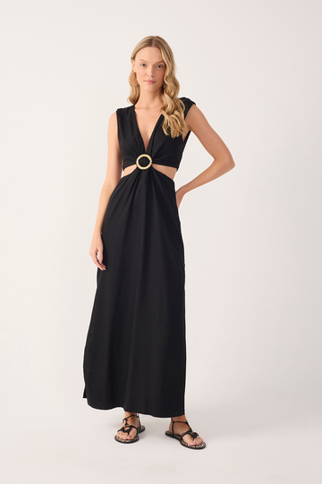 Black V Neck Beaded Ring Linen Dress