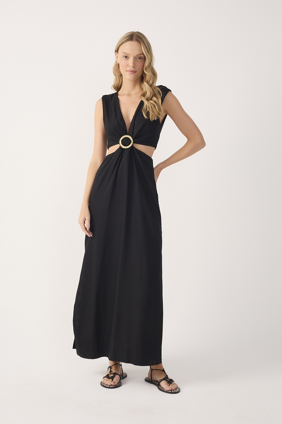 Black V Neck Beaded Ring Linen Dress