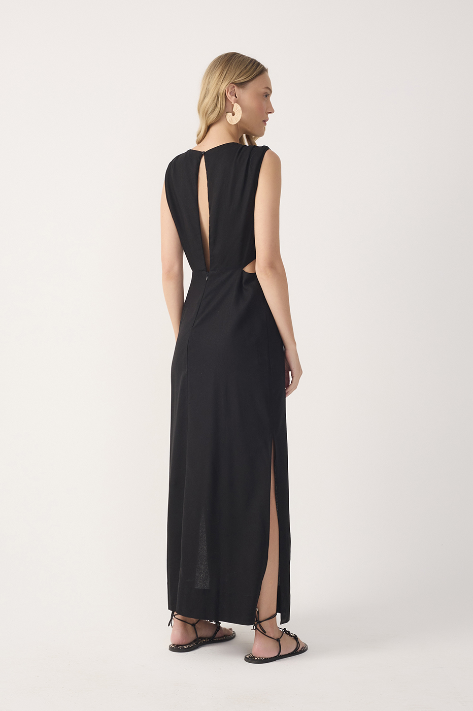 Black V Neck Beaded Ring Linen Dress