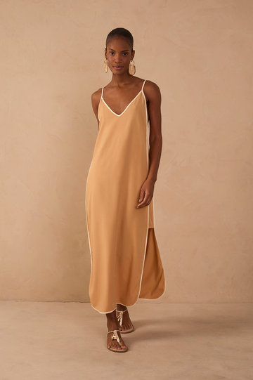 Beige V Neck Side Slit Midi Dress