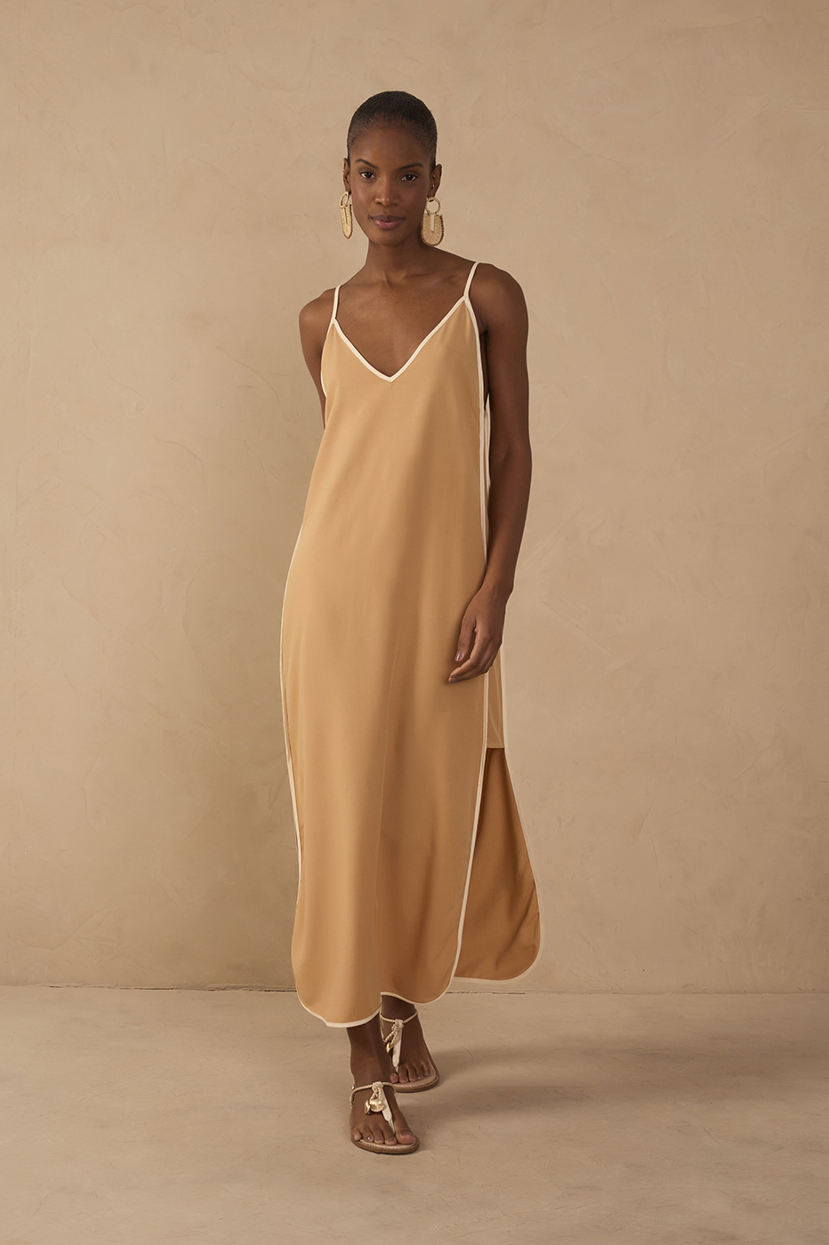Beige V Neck Side Slit Midi Dress