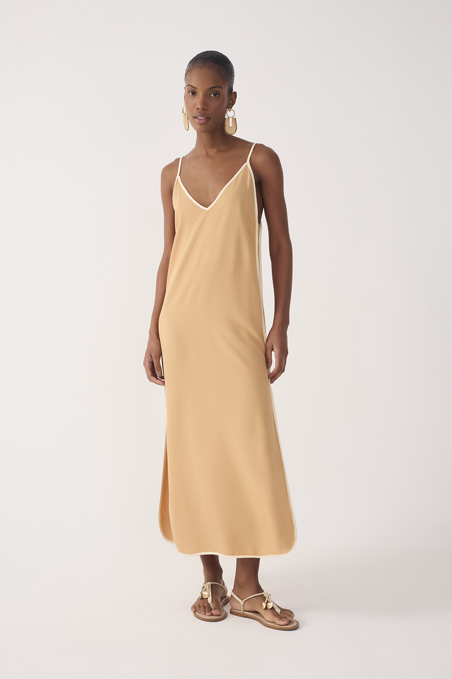 Beige V Neck Side Slit Midi Dress