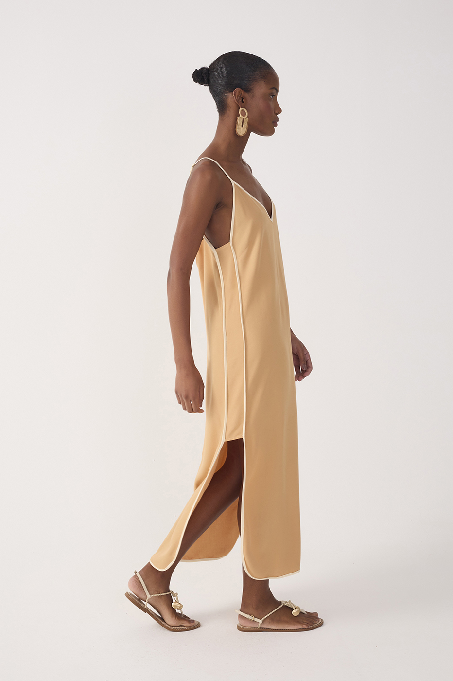 Beige V Neck Side Slit Midi Dress