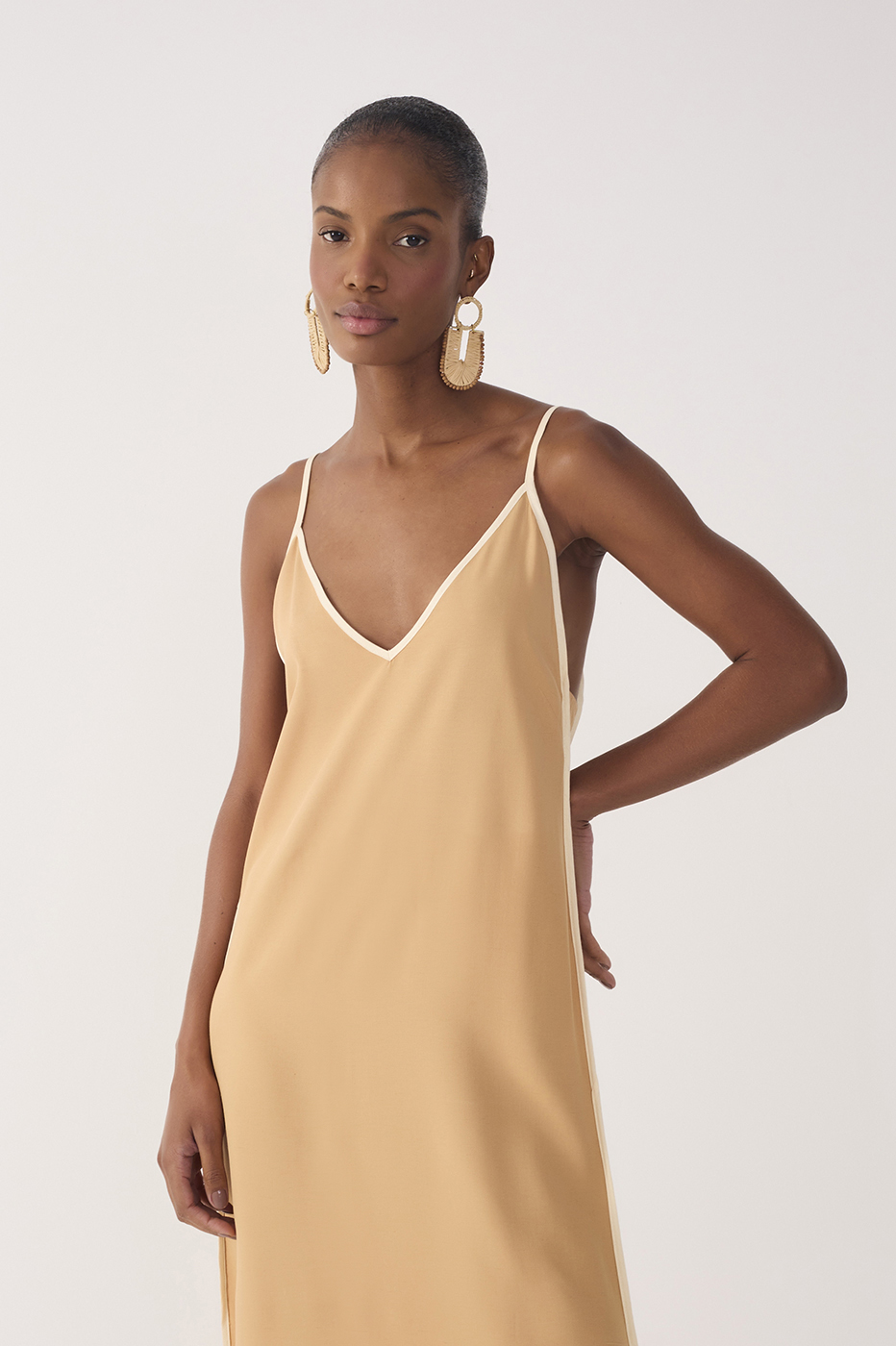 Beige V Neck Side Slit Midi Dress