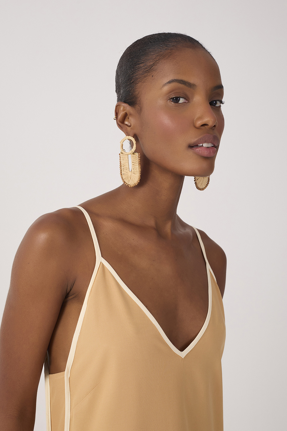 Beige V Neck Side Slit Midi Dress
