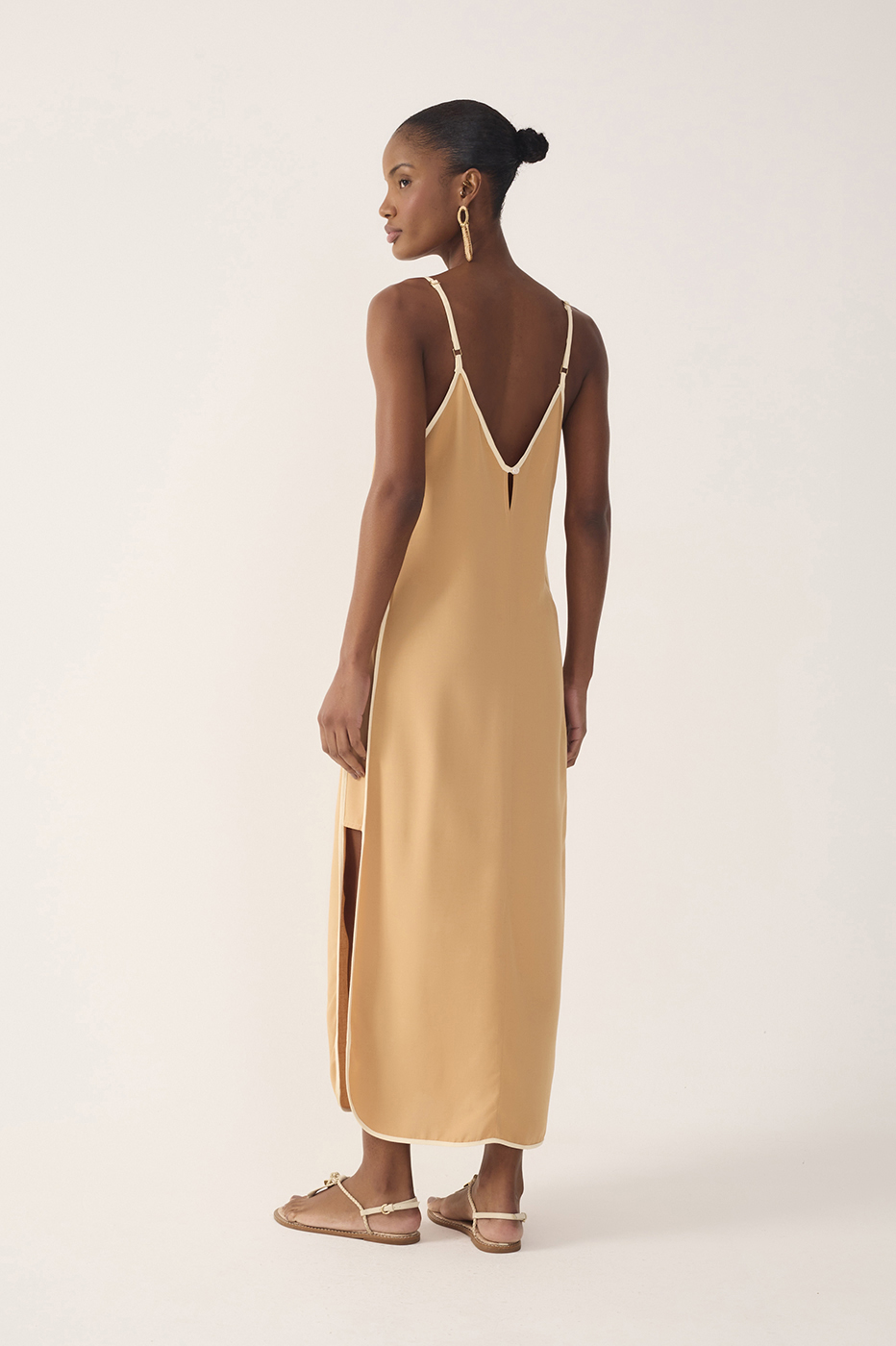 Beige V Neck Side Slit Midi Dress