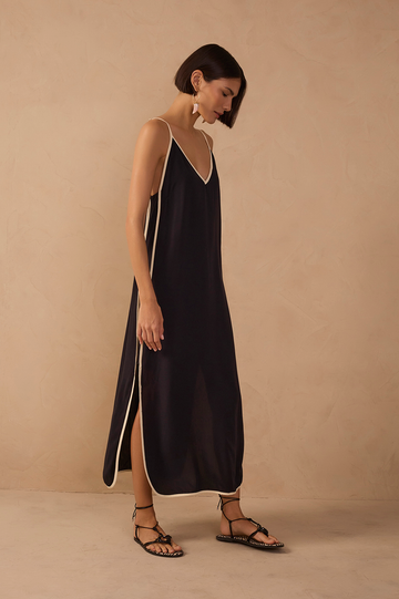 Black V Neck Side Slit Midi Dress