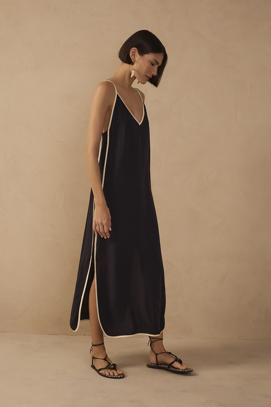 Black V Neck Side Slit Midi Dress