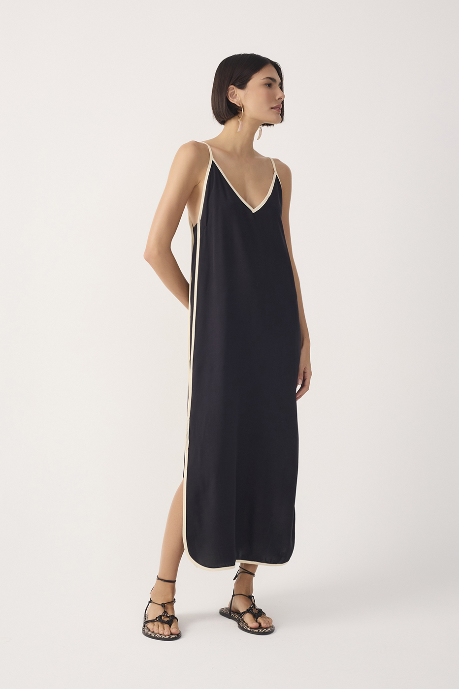 Black V Neck Side Slit Midi Dress