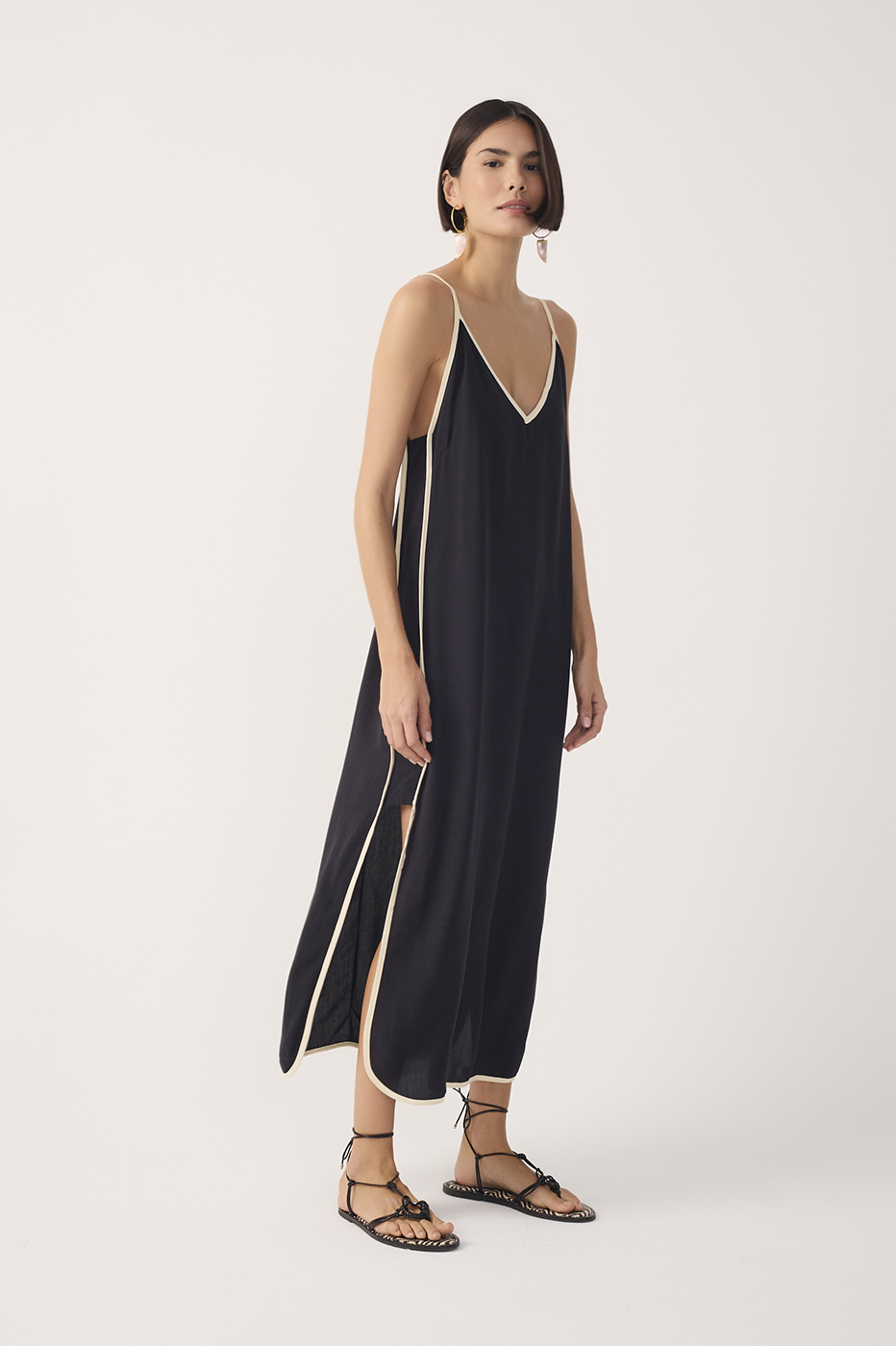 Black V Neck Side Slit Midi Dress