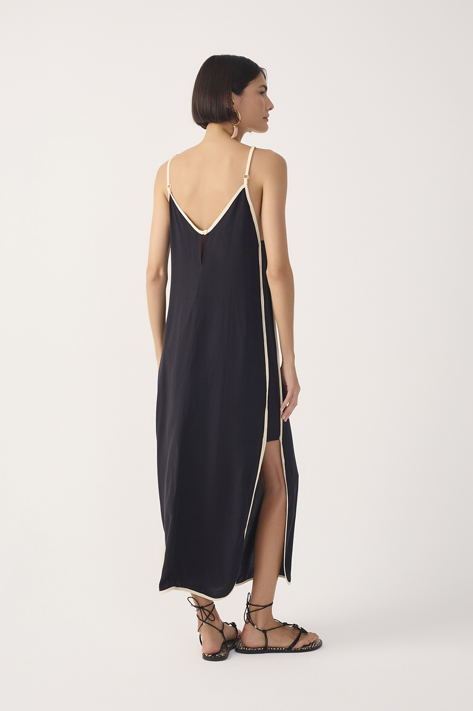 Black V Neck Side Slit Midi Dress