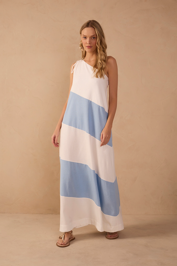 Blue Bicolor One Shoulder Linen Maxi Dress