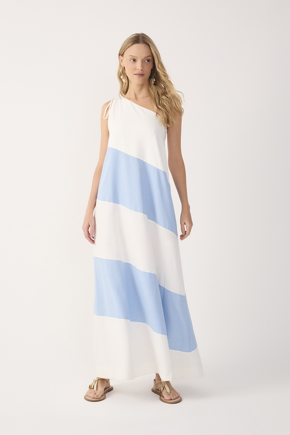 Blue Bicolor One Shoulder Linen Maxi Dress