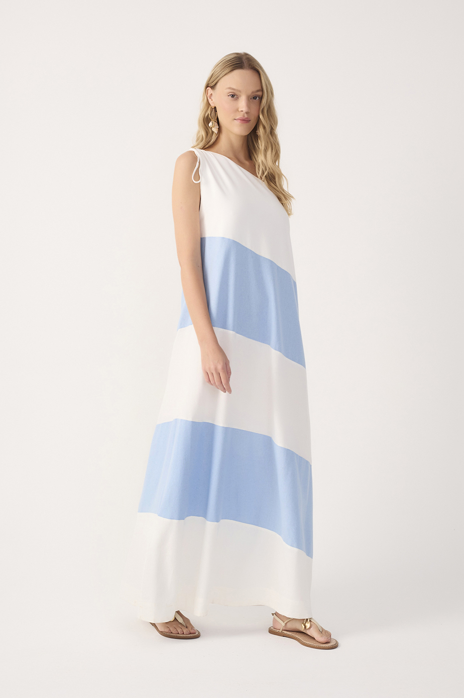 Blue Bicolor One Shoulder Linen Maxi Dress