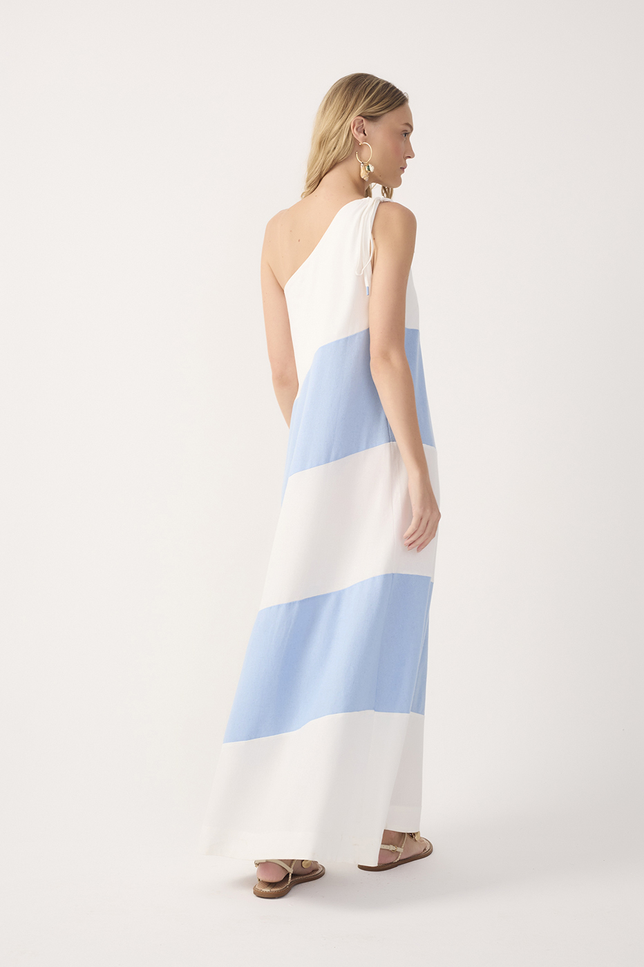 Blue Bicolor One Shoulder Linen Maxi Dress