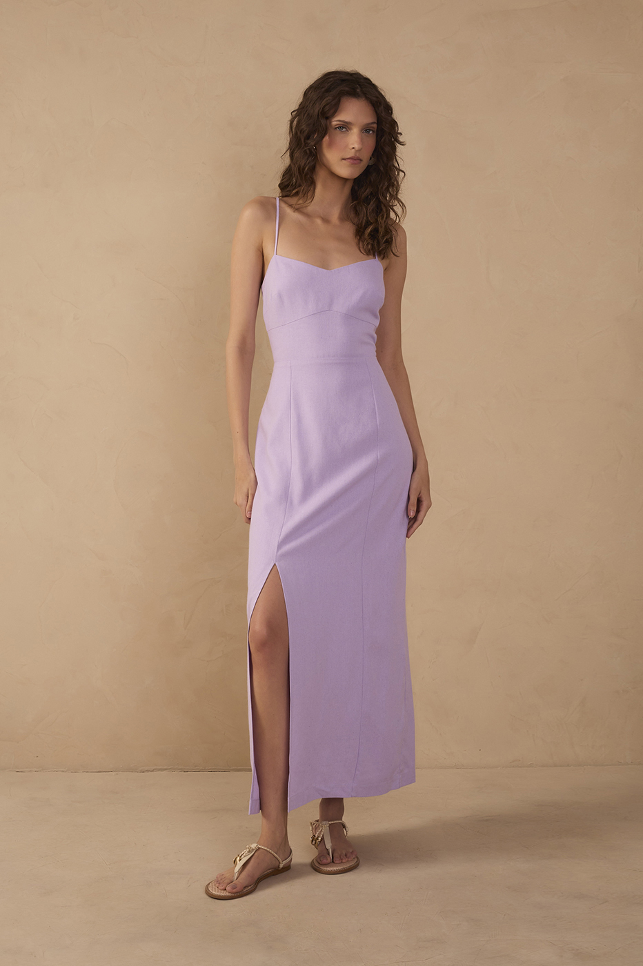 Lilac Topstitching Slit Midi Dress