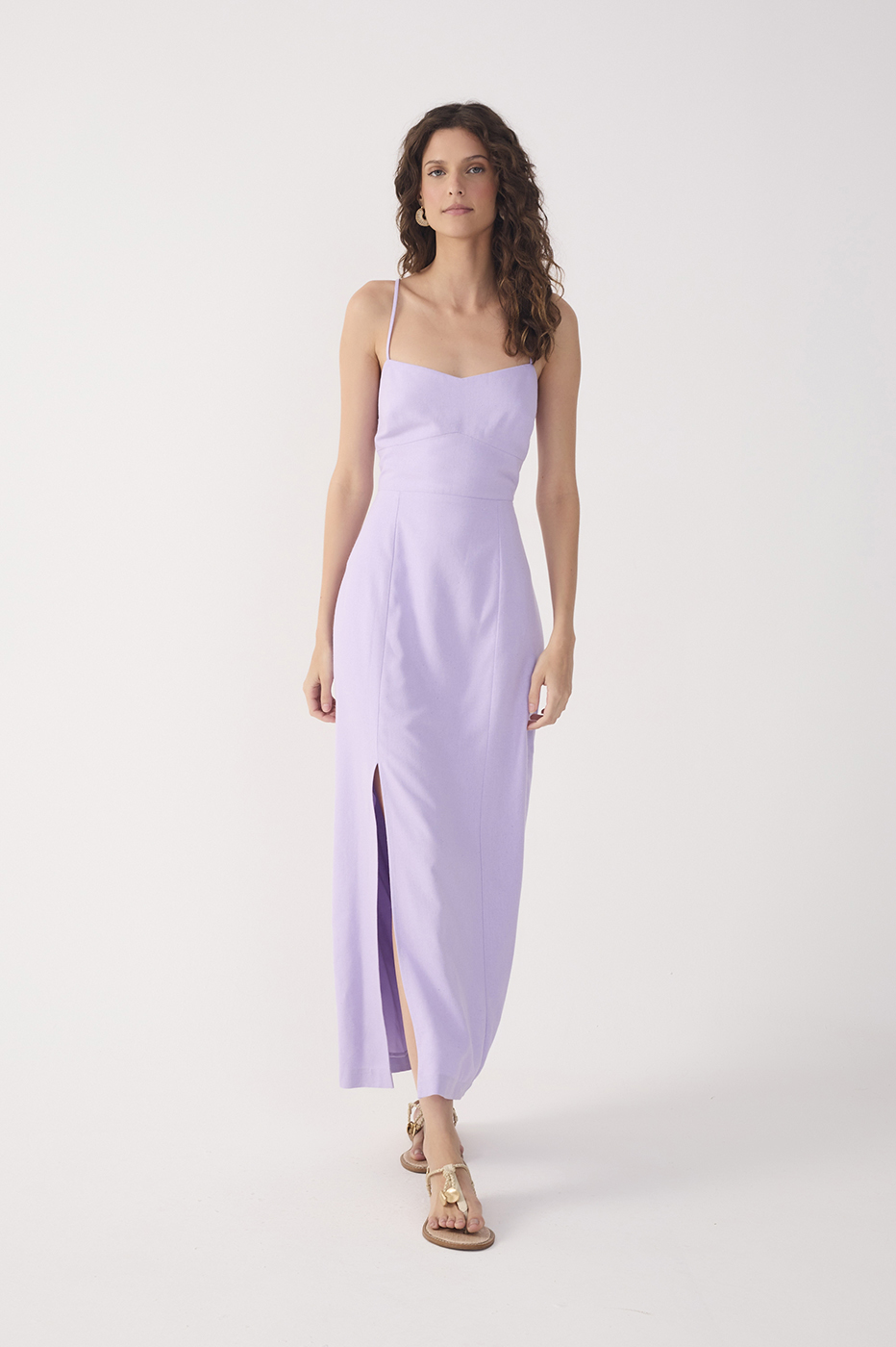 Lilac Topstitching Slit Midi Dress