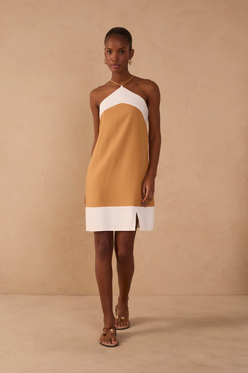 Beige Bicolor Halter Neck Mini Dress