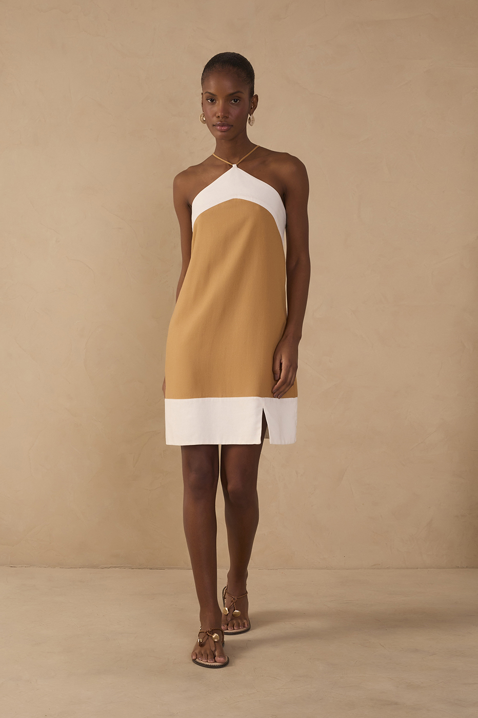Beige Bicolor Halter Neck Mini Dress