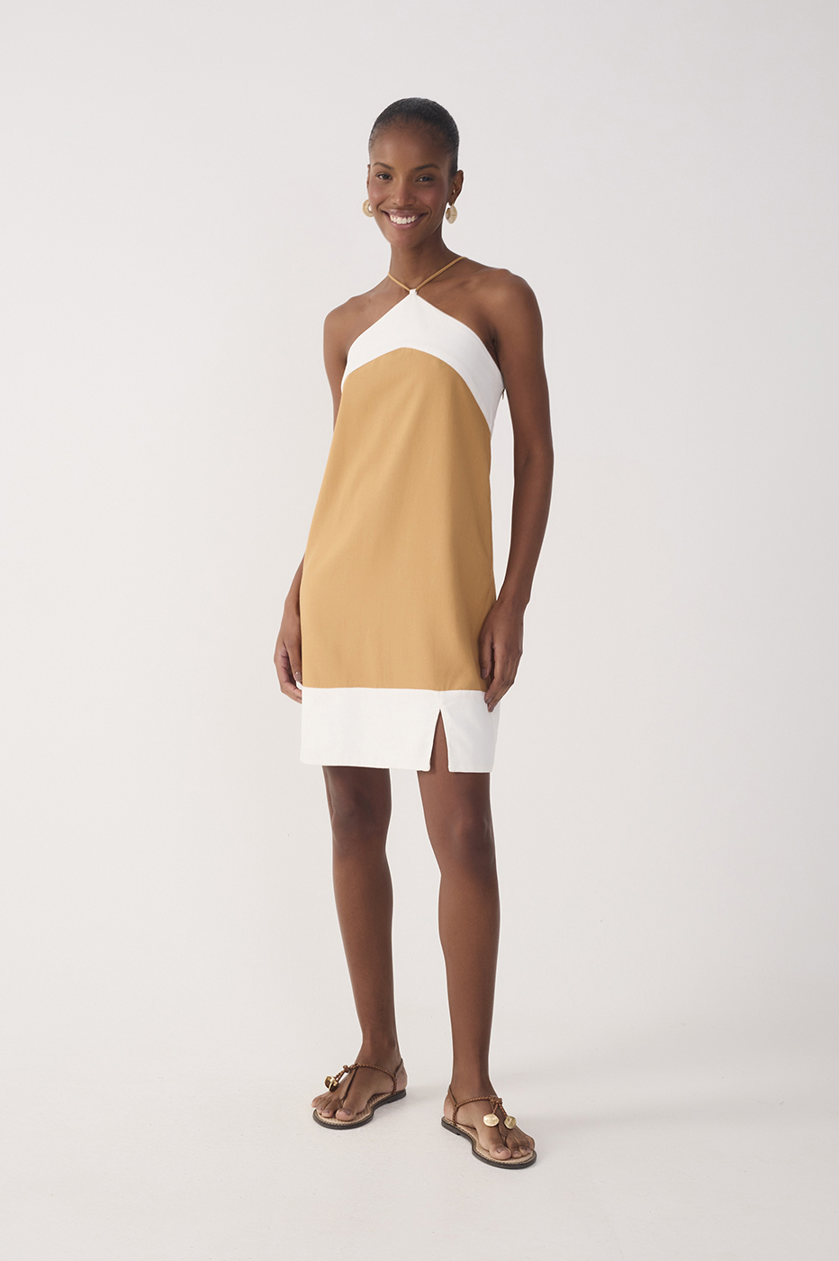 Beige Bicolor Halter Neck Mini Dress