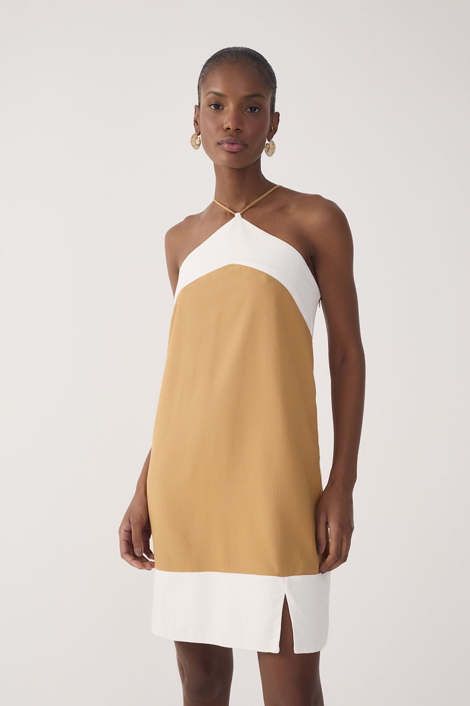 Beige Bicolor Halter Neck Mini Dress