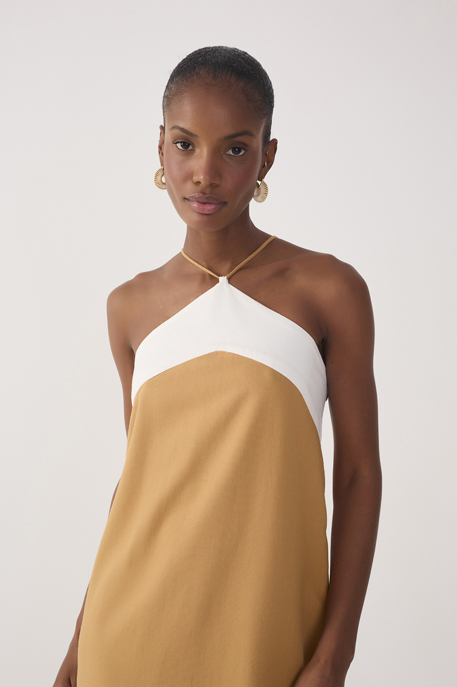 Beige Bicolor Halter Neck Mini Dress
