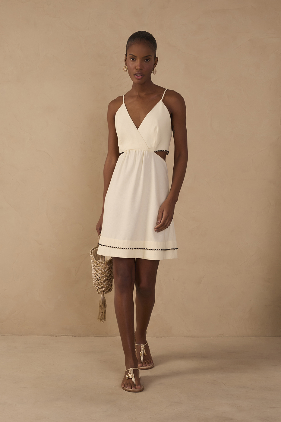 Beige Bead Embroidered Linen Mini Dress