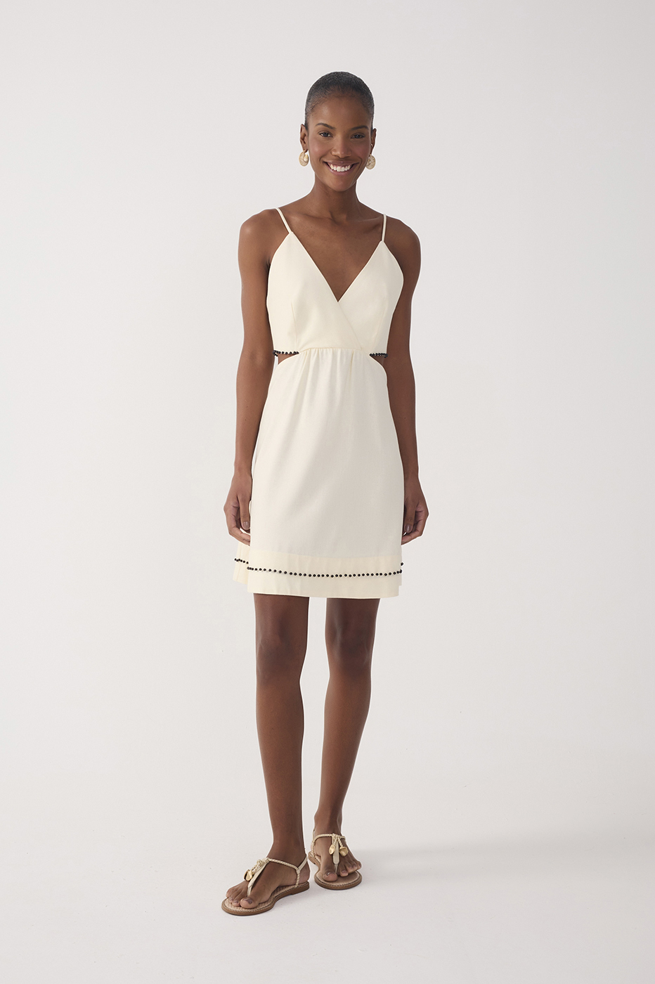 Beige Bead Embroidered Linen Mini Dress