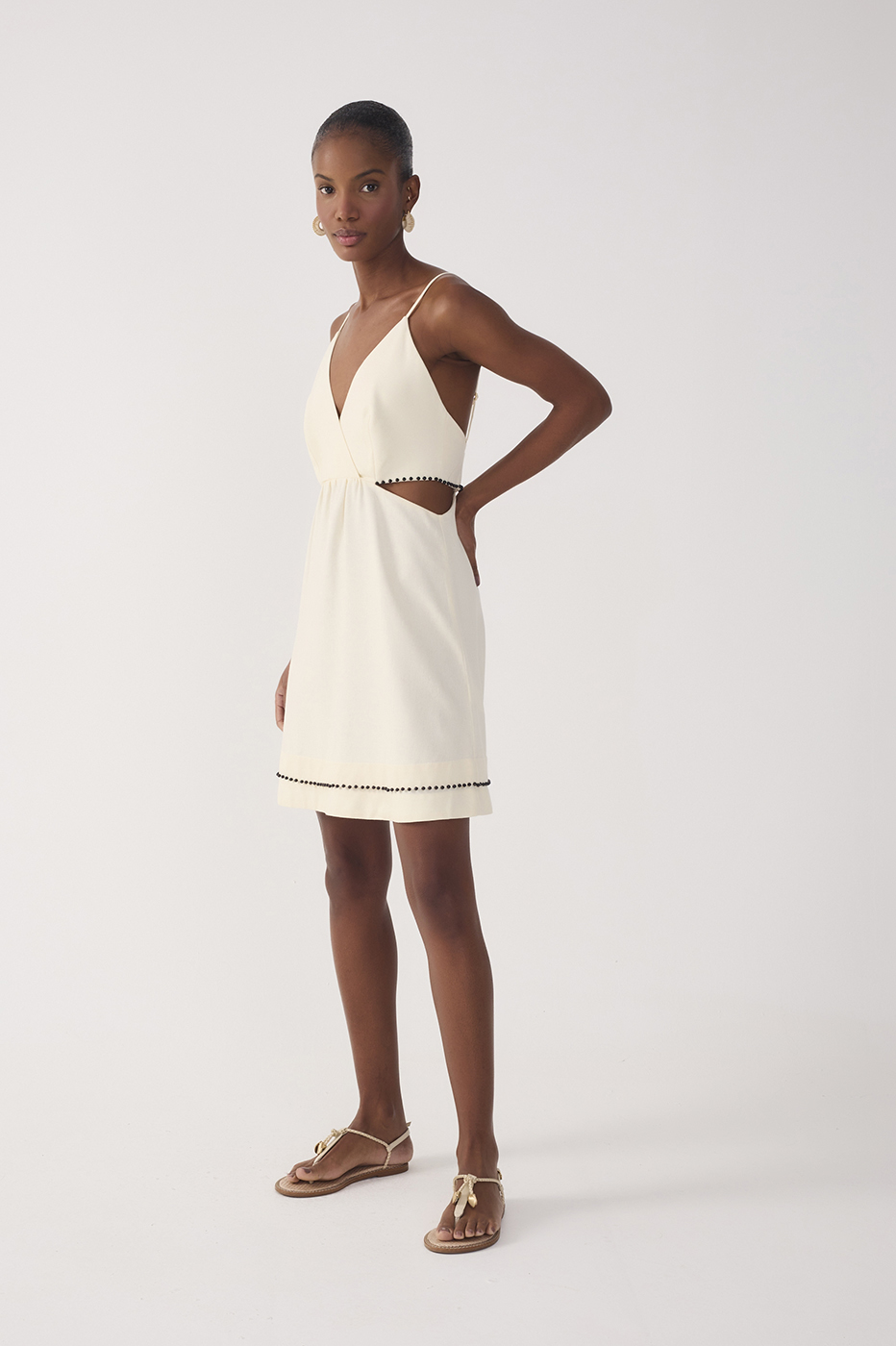 Beige Bead Embroidered Linen Mini Dress