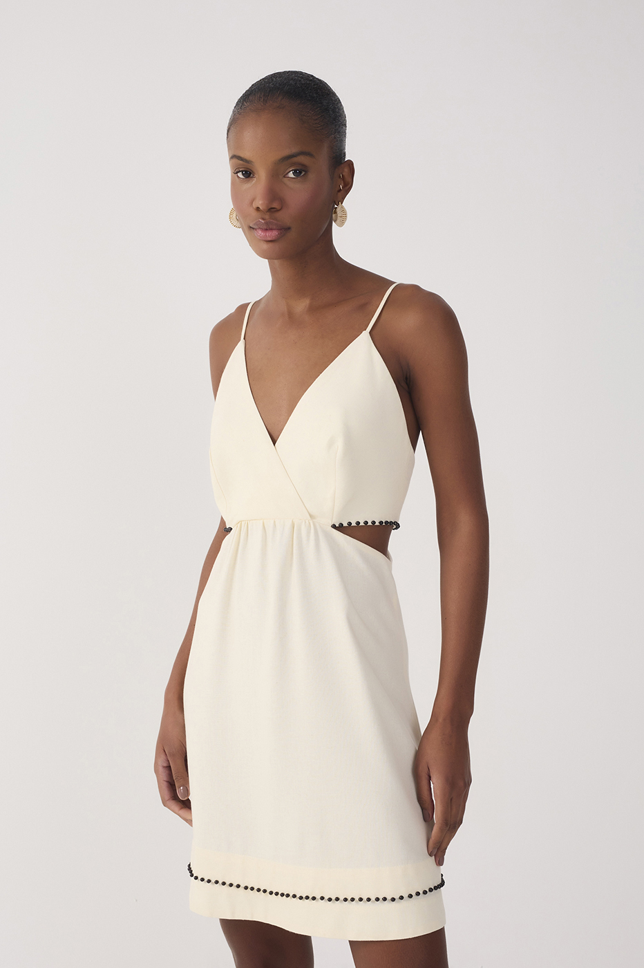 Beige Bead Embroidered Linen Mini Dress