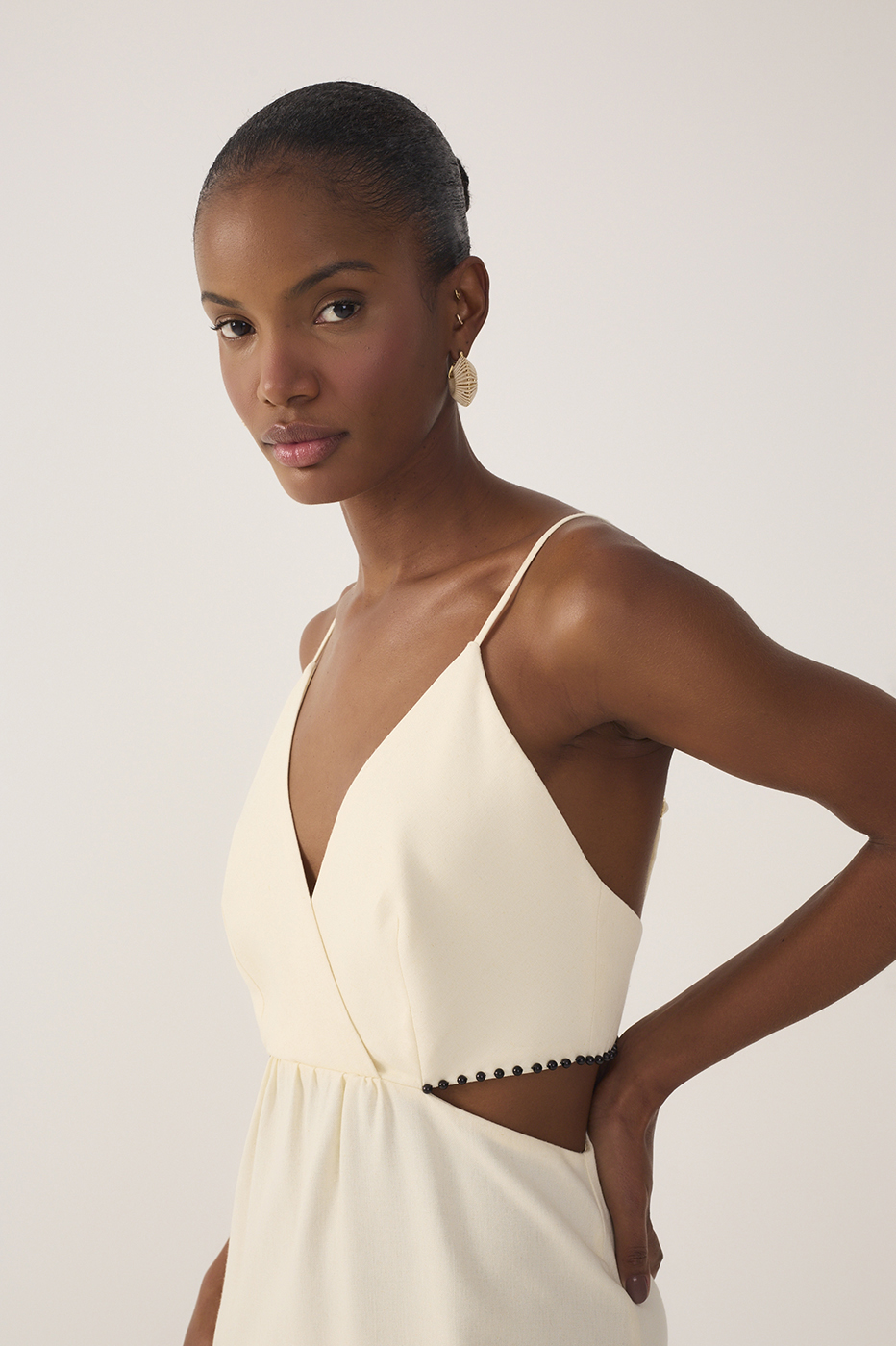 Beige Bead Embroidered Linen Mini Dress