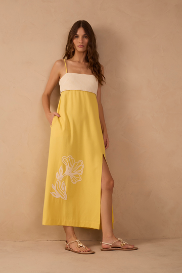 Yellow Embroidered Smocked Midi Dress