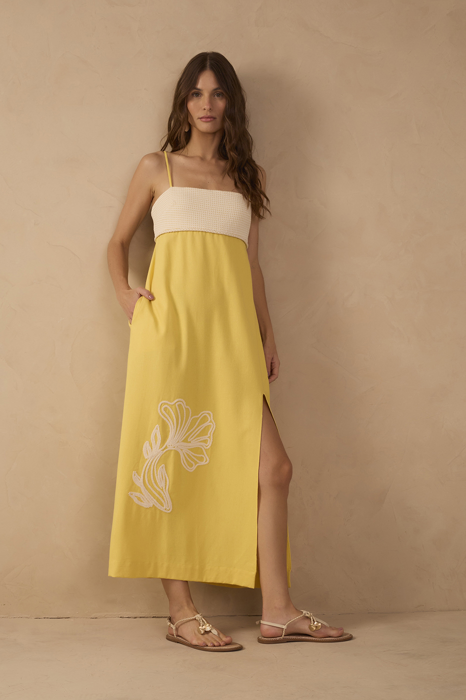 Yellow Embroidered Smocked Midi Dress