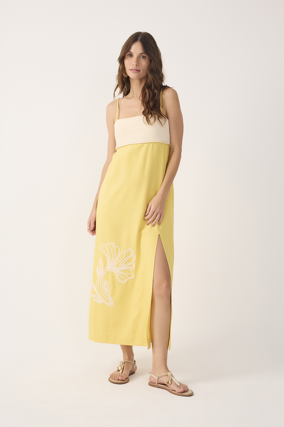 Yellow Embroidered Smocked Midi Dress