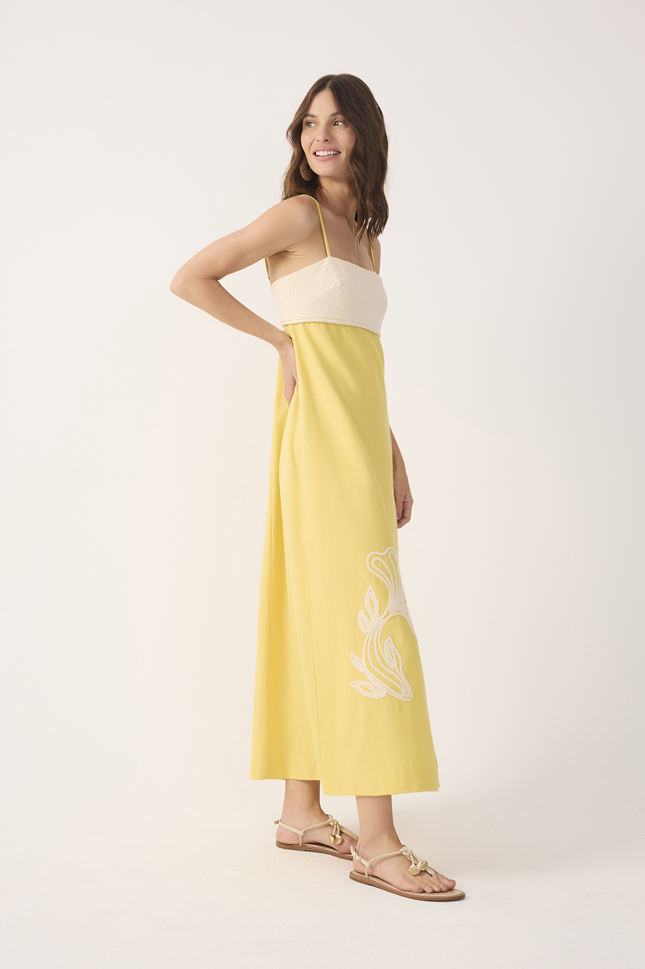 Yellow Embroidered Smocked Midi Dress
