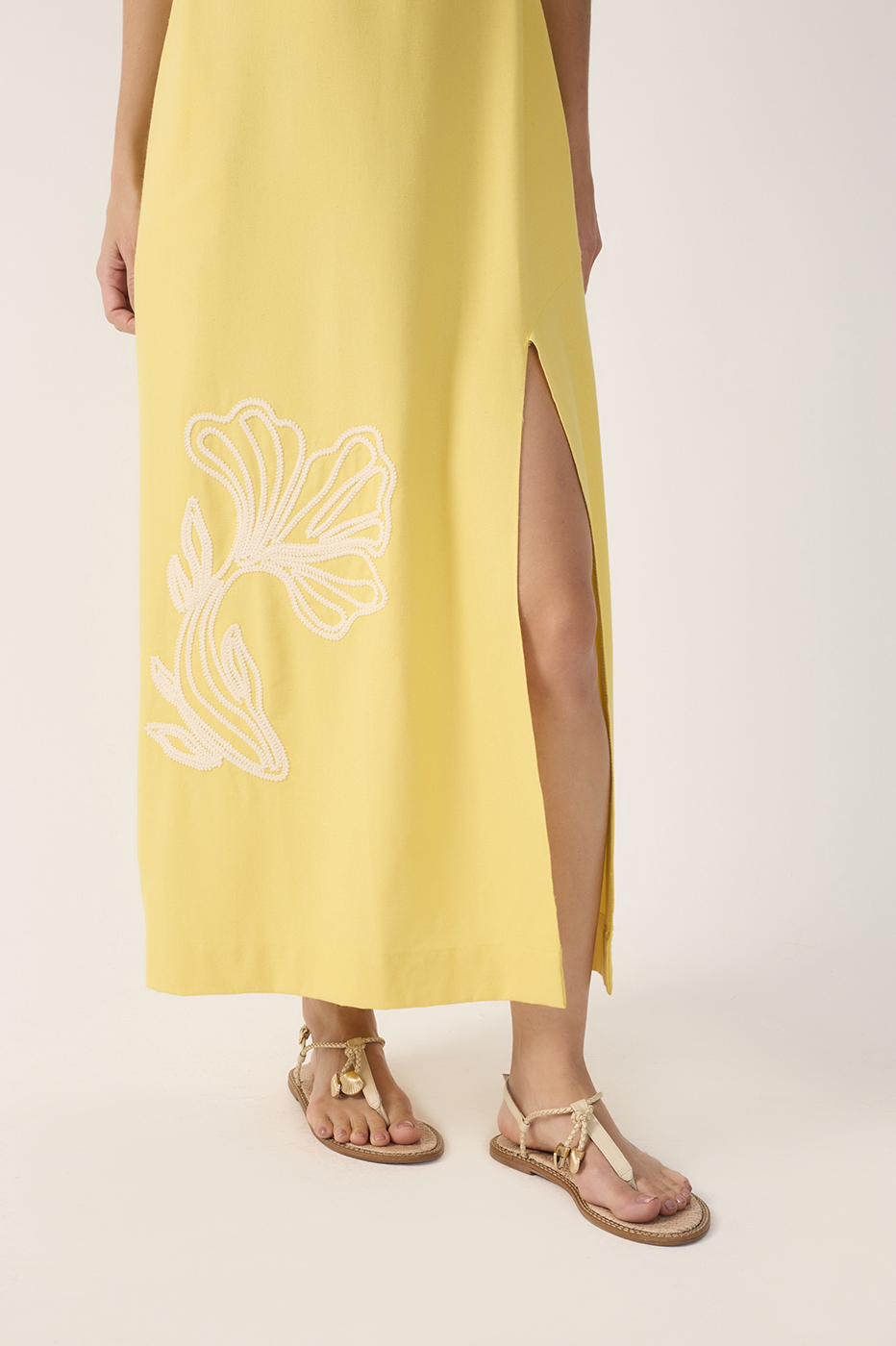 Yellow Embroidered Smocked Midi Dress