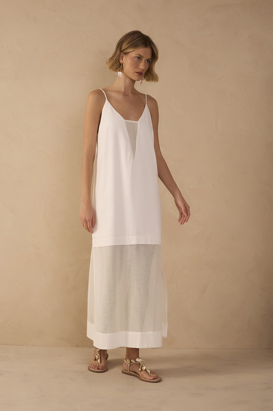 White Mesh Panel Linen Dress