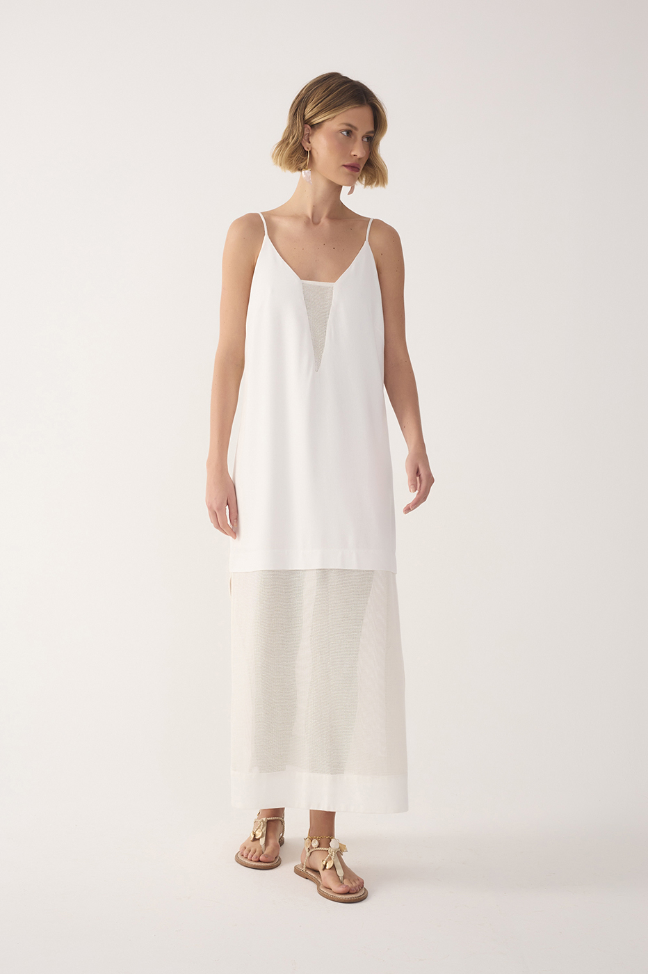 White Mesh Panel Linen Dress