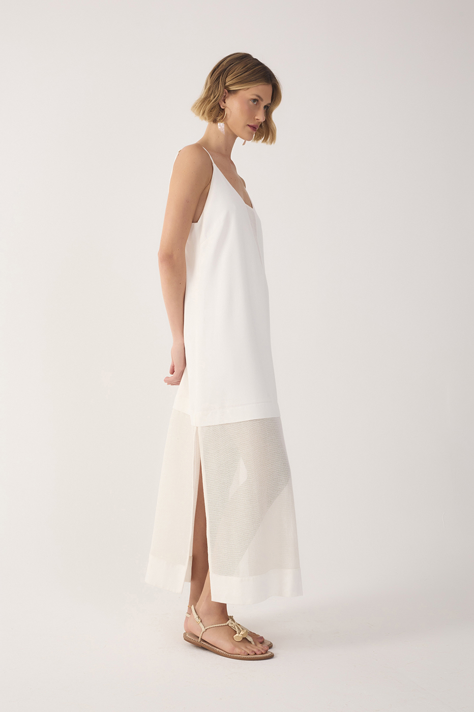 White Mesh Panel Linen Dress