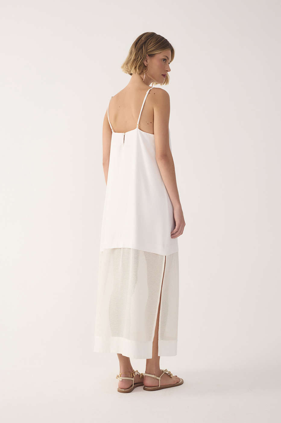White Mesh Panel Linen Dress