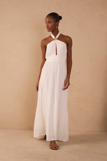 Off-White Ruched Halter Crepe Maxi Dress
